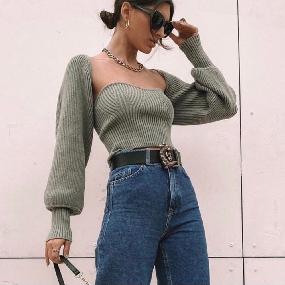 Zara Cropped Knit Top and Knit Arm Warmer Sweater Set Sage Green Tube Top